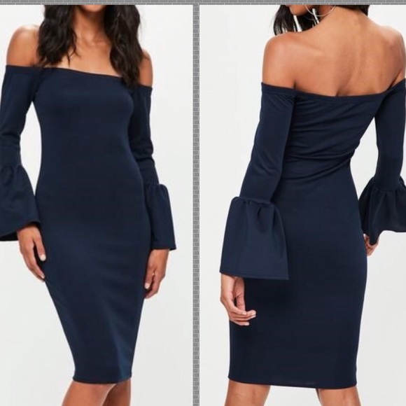 navy blue off the shoulder bodycon dress